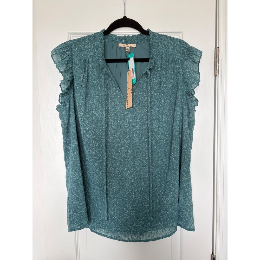 Les Serein Jordan Flutter Sleeve Top Teal Blue Paisley Blouse 1X SNX25638PD2